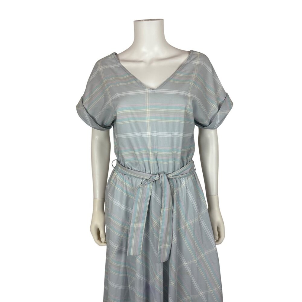 Vintage 80s Striped Dress Womens Large Blue Off The Shoulder Fit And Flare - Picture 3 of 11